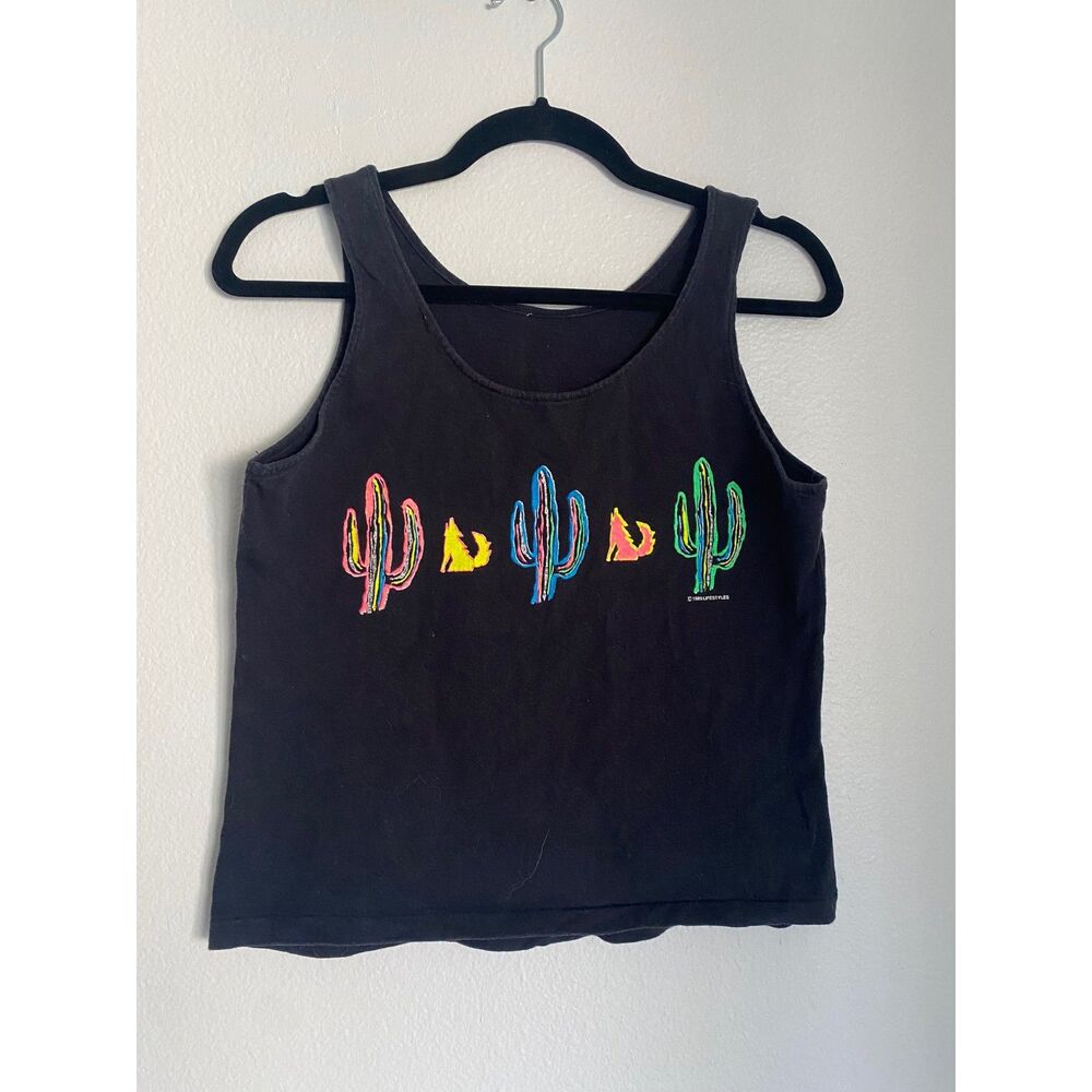 Vintage 1980's Lifestyles Black Tank With Coyotes and Cacti SIZE S
